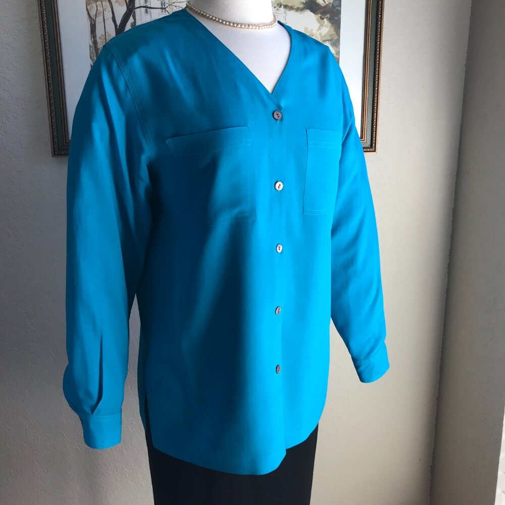 Valerie Stevens Petite Pure Silk Turquoise Blouse - Size PM - Picture 2 of 14